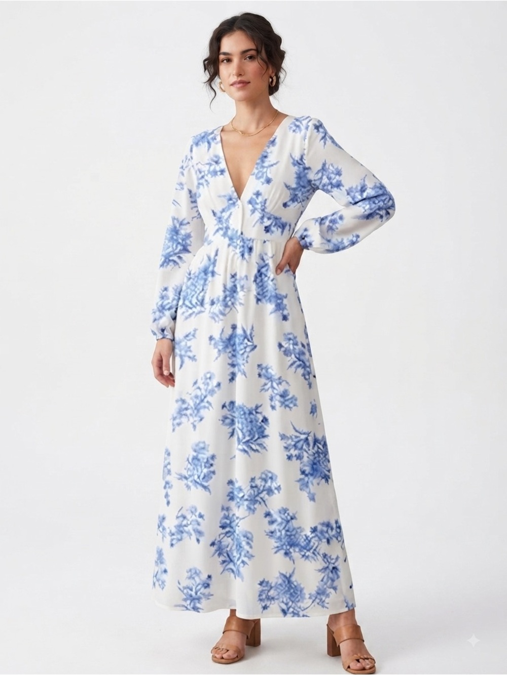 Flying Tomato Blue & White Floral Long Sleeve Maxi Dress S